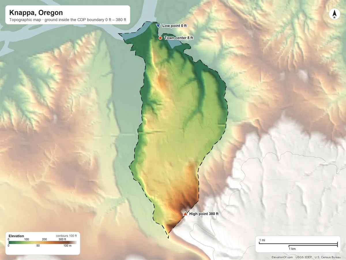 Topographic elevation map of Knappa, Oregon, shaded from 0 ft near the middle to 380 ft on the south edge, below higher ground just outside