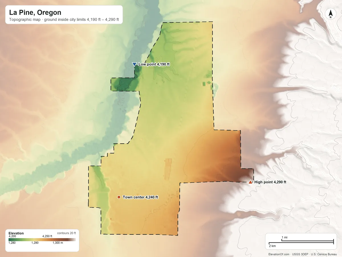 Topographic elevation map of La Pine, Oregon, shaded from 4,190 ft on the north side to 4,290 ft on the east side