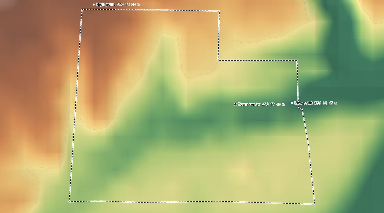 Topographic elevation map of Labish Village, Oregon, shaded from 150 ft on the east side to 170 ft on the northwest side