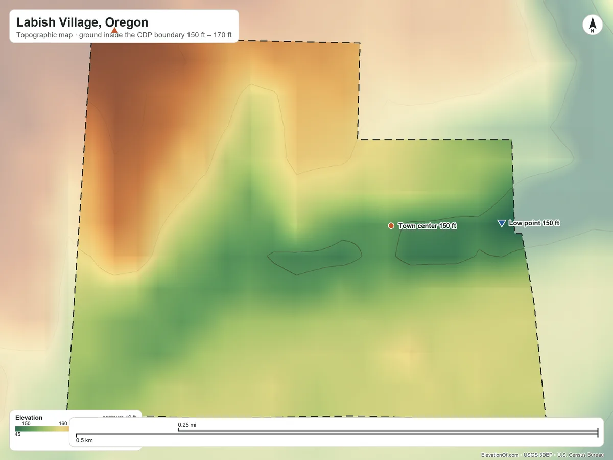 Topographic elevation map of Labish Village, Oregon, shaded from 150 ft on the east side to 170 ft on the northwest side