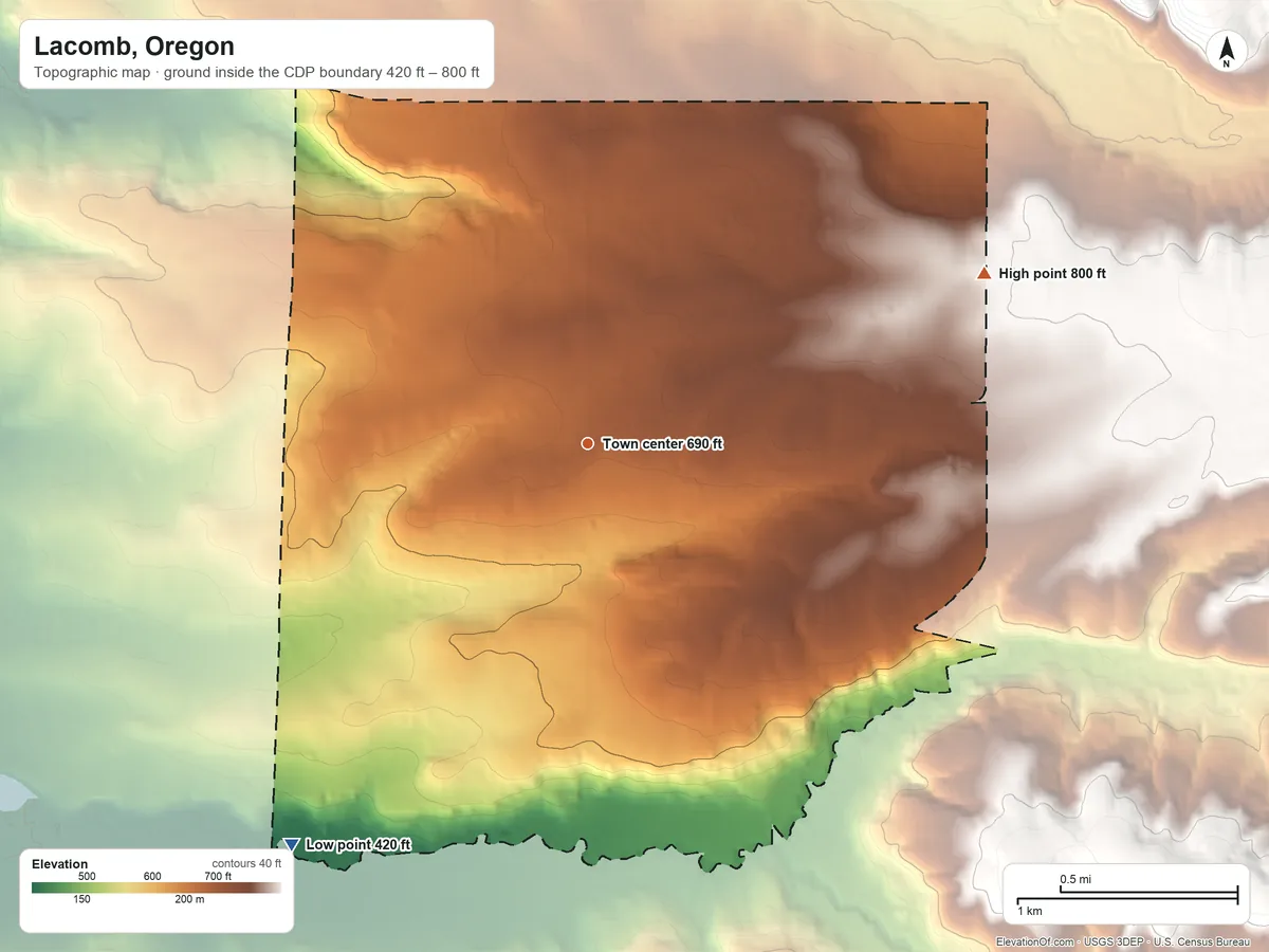 Topographic elevation map of Lacomb, Oregon, shaded from 420 ft on the southwest side to 800 ft on the northeast edge, below higher ground just outside