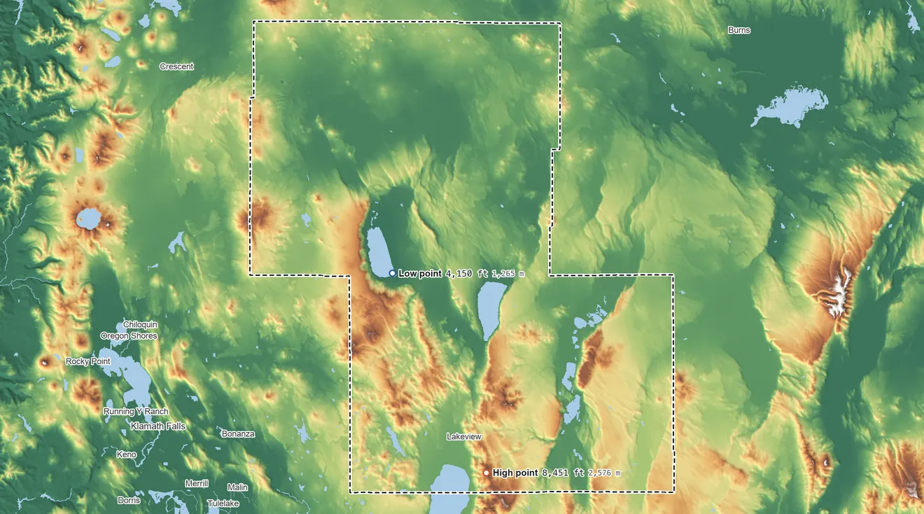 Topographic elevation map of Lake County, Oregon, shaded from 4,150 ft on the west side to 8,451 ft on Crane Mountain