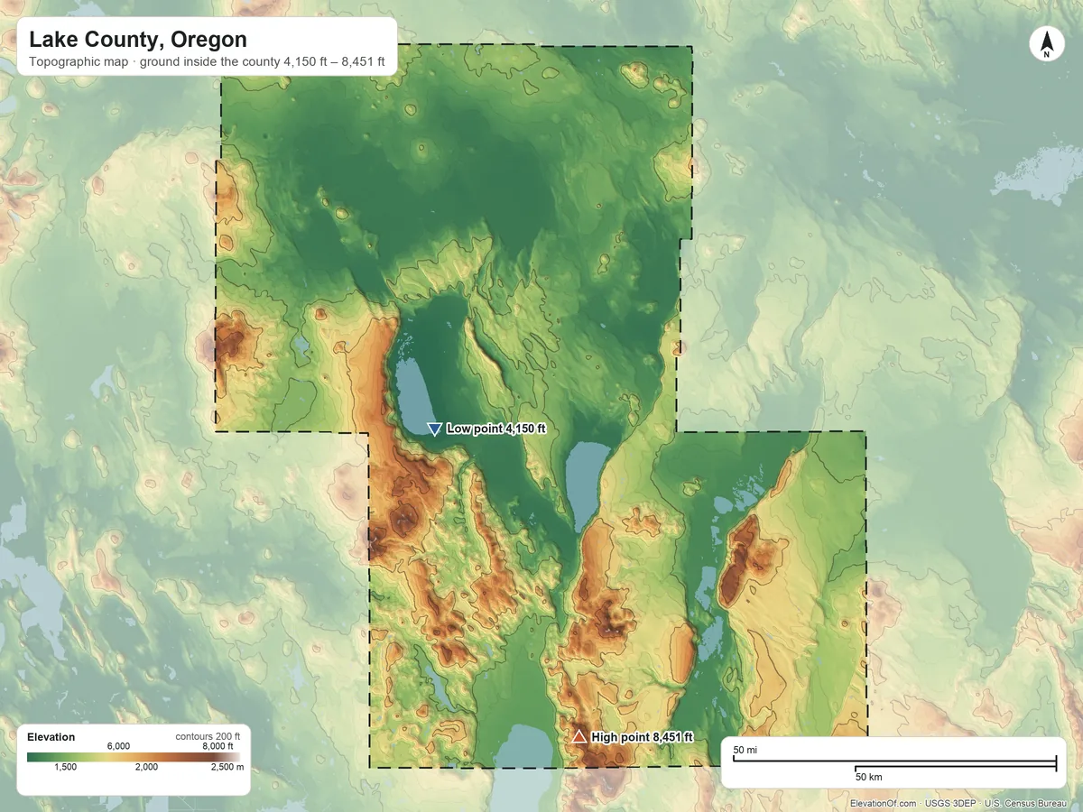 Topographic elevation map of Lake County, Oregon, shaded from 4,150 ft on the west side to 8,451 ft on Crane Mountain