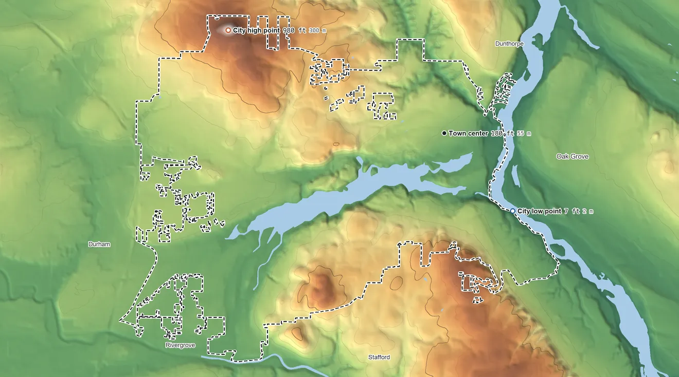 Topographic elevation map of Lake Oswego, Oregon, shaded from 7 ft on the southeast side to 978 ft on Mount Sylvania