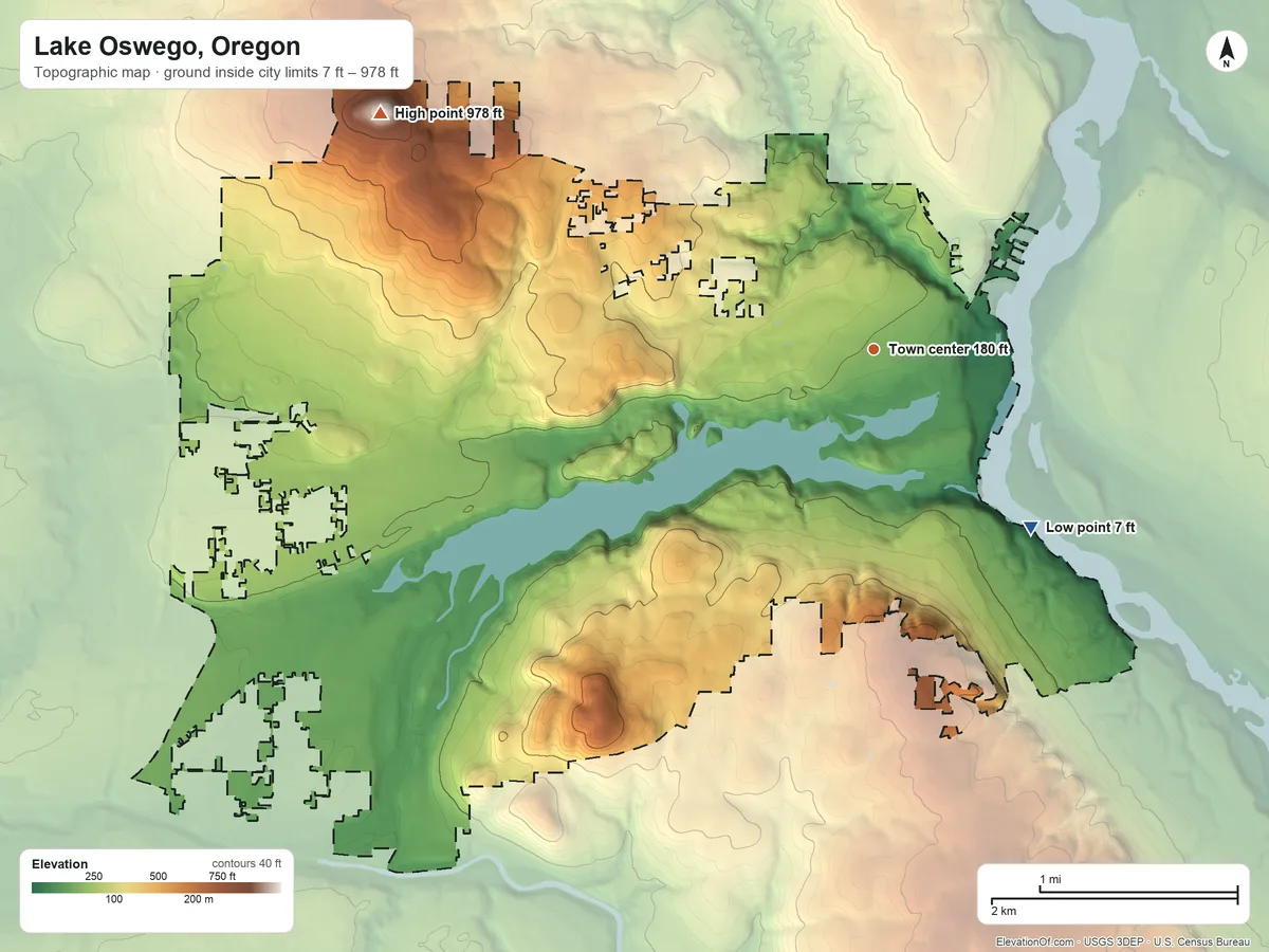 Topographic elevation map of Lake Oswego, Oregon, shaded from 7 ft on the southeast side to 978 ft on Mount Sylvania