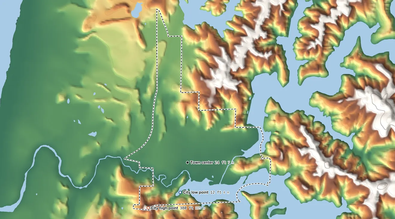 Topographic elevation map of Lakeside, Oregon, shaded from 12 ft on the south side to 380 ft on the southwest side