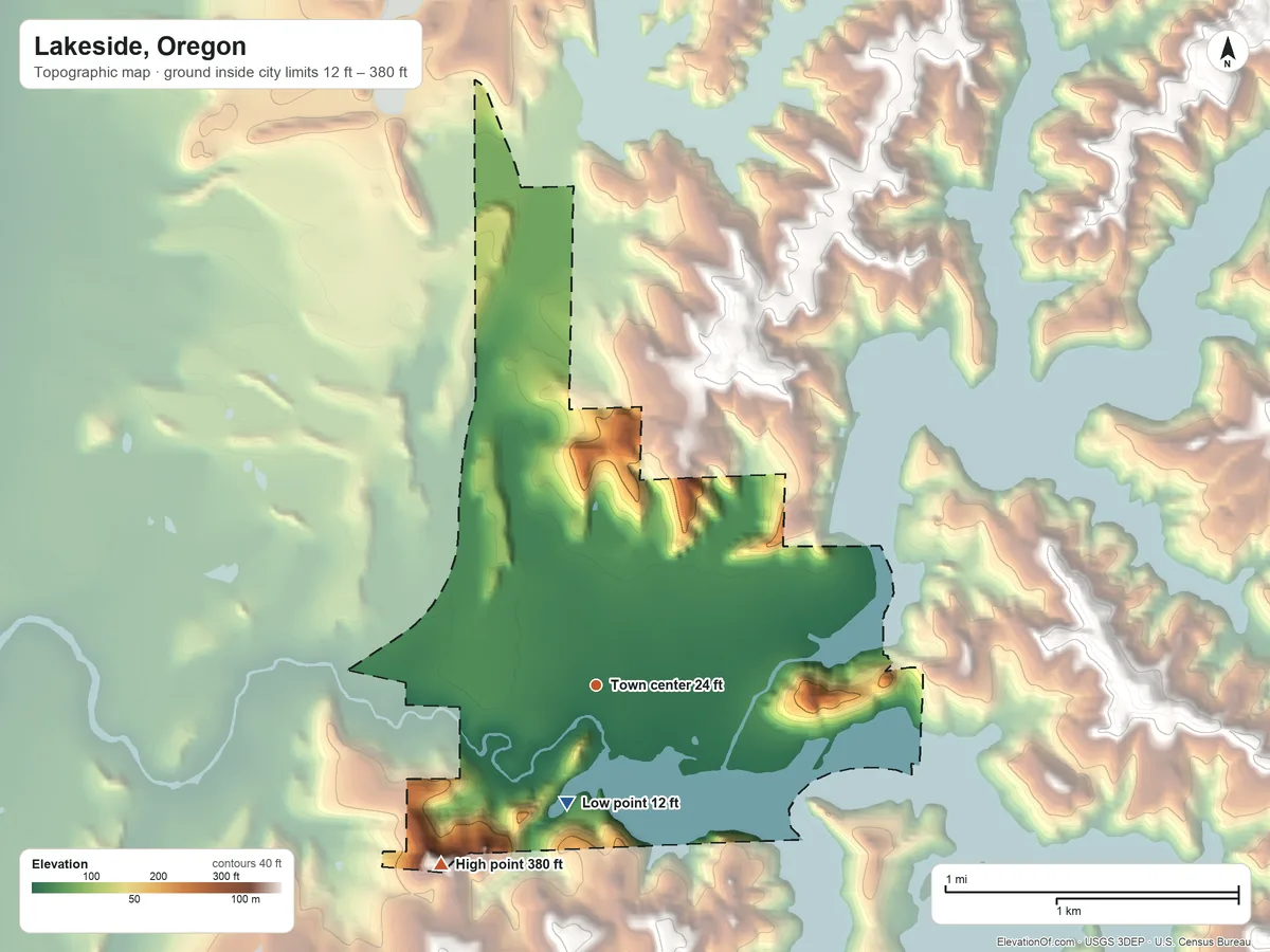 Topographic elevation map of Lakeside, Oregon, shaded from 12 ft on the south side to 380 ft on the southwest side