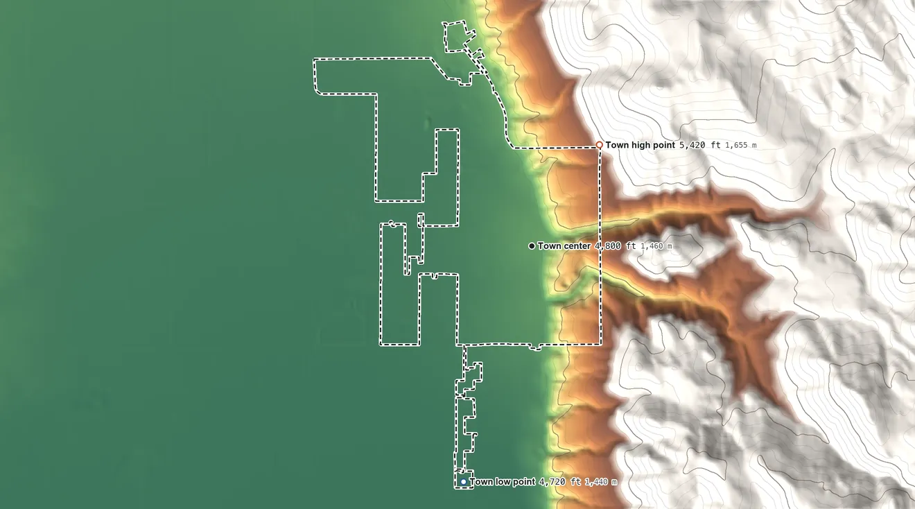 Topographic elevation map of Lakeview, Oregon, shaded from 4,720 ft on the south side to 5,420 ft on the northeast edge, below higher ground just outside