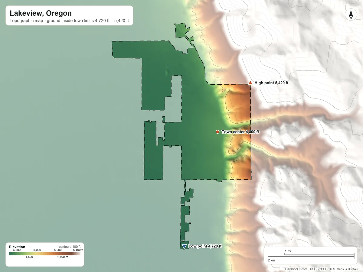 Topographic elevation map of Lakeview, Oregon, shaded from 4,720 ft on the south side to 5,420 ft on the northeast edge, below higher ground just outside