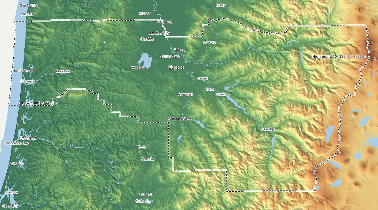 Topographic elevation map of Lane County, Oregon, shaded from sea level on the Pacific Ocean to 10,350 ft on South Sister