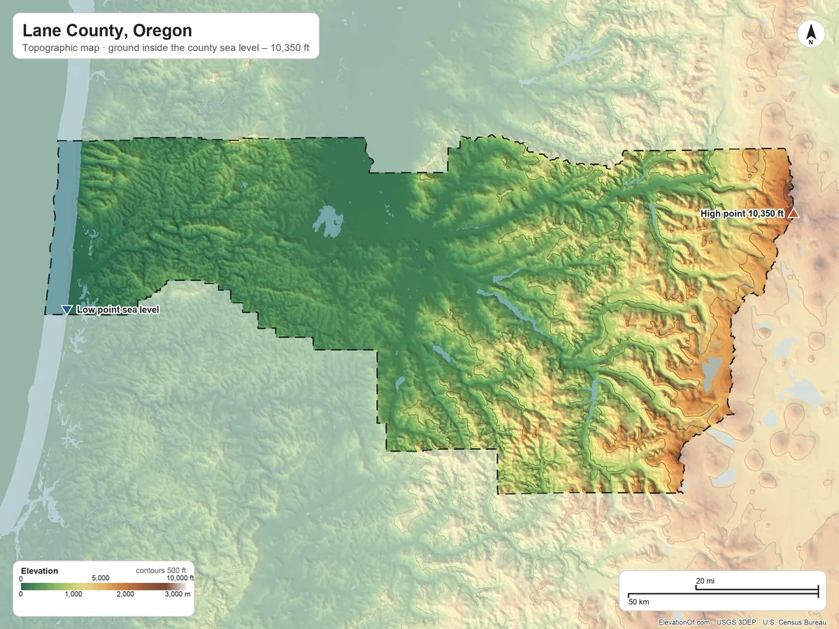 Topographic elevation map of Lane County, Oregon, shaded from sea level on the Pacific Ocean to 10,350 ft on South Sister