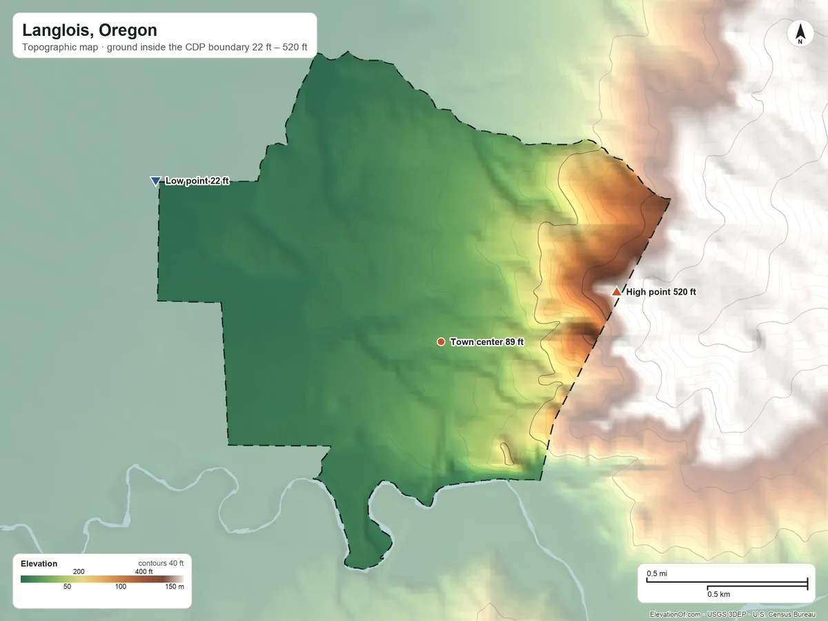 Topographic elevation map of Langlois, Oregon, shaded from 22 ft on the northwest side to 520 ft on the east edge, below higher ground just outside