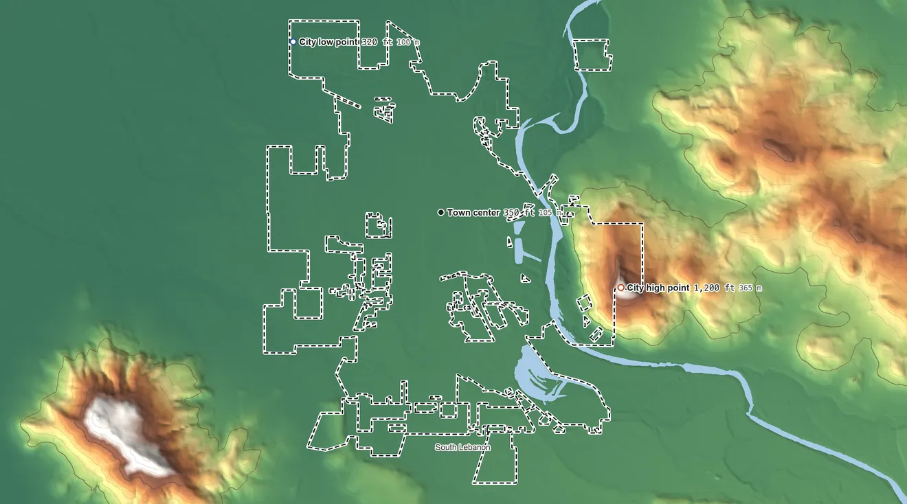 Topographic elevation map of Lebanon, Oregon, shaded from 320 ft on the northwest side to 1,200 ft on the southeast edge, below higher ground just outside