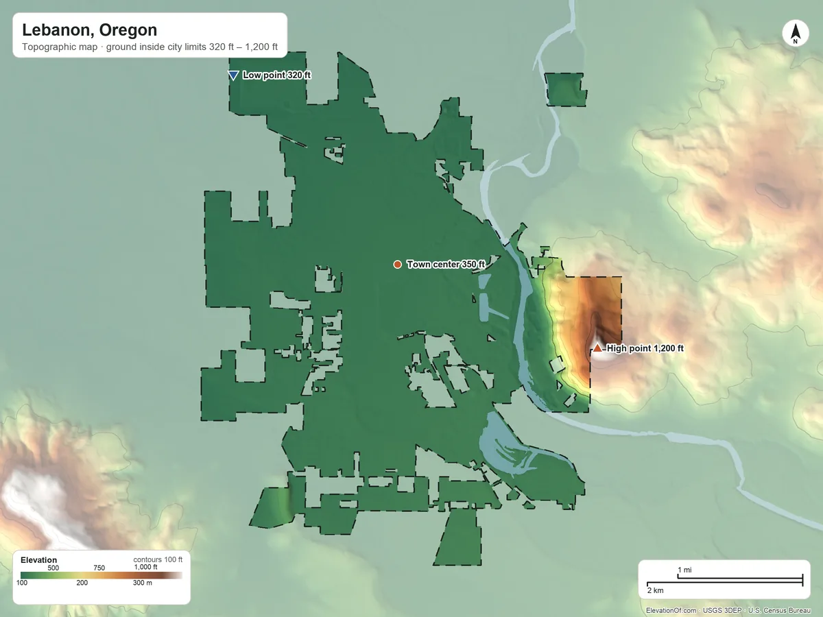 Topographic elevation map of Lebanon, Oregon, shaded from 320 ft on the northwest side to 1,200 ft on the southeast edge, below higher ground just outside