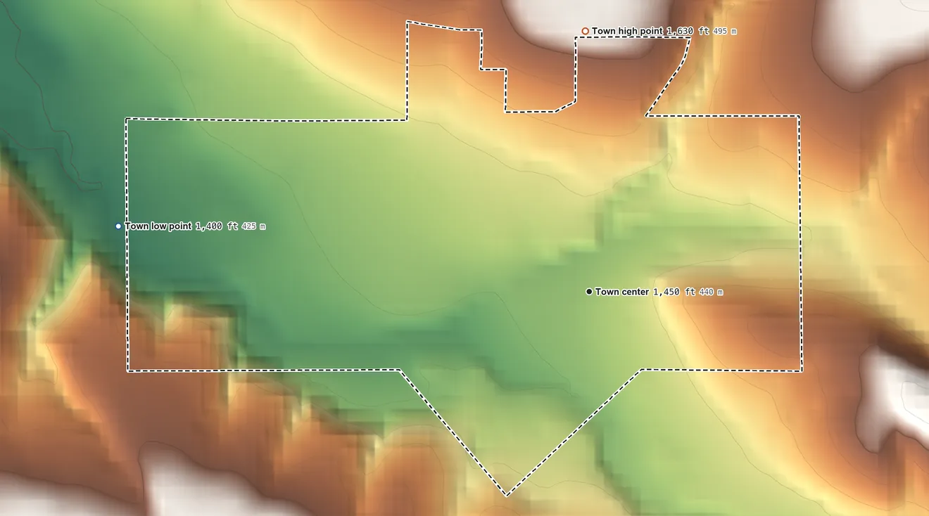 Topographic elevation map of Lexington, Oregon, shaded from 1,400 ft on the west side to 1,630 ft on the north edge, below higher ground just outside