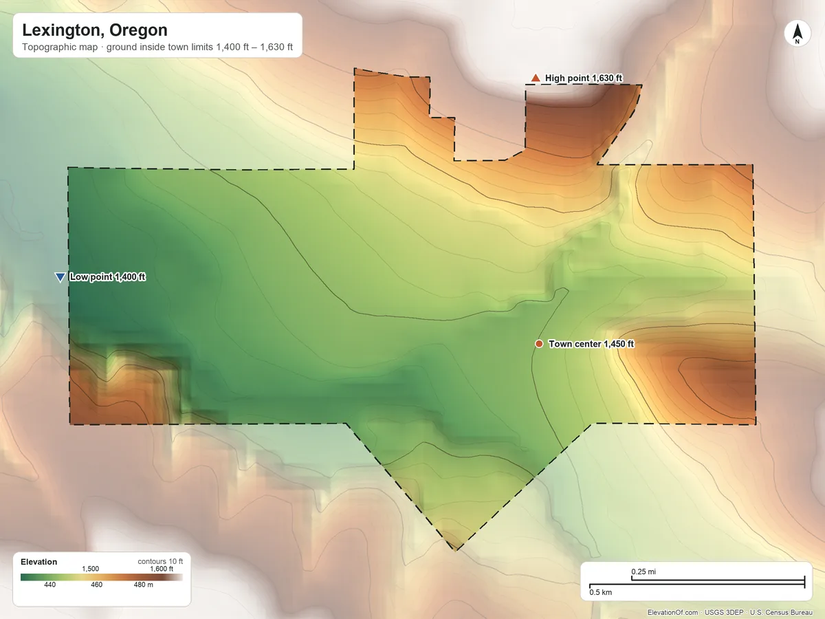 Topographic elevation map of Lexington, Oregon, shaded from 1,400 ft on the west side to 1,630 ft on the north edge, below higher ground just outside