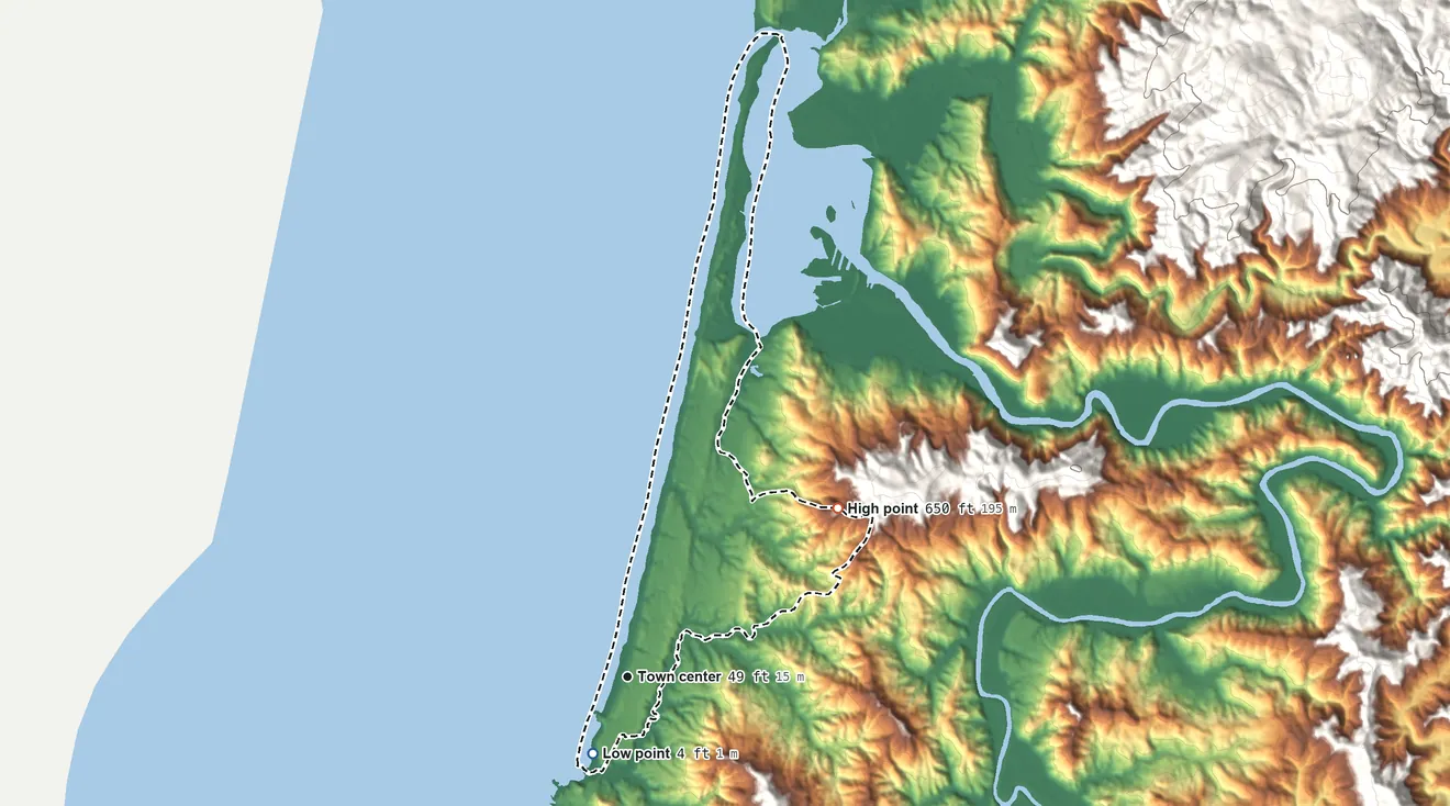 Topographic elevation map of Lincoln Beach, Oregon, shaded from 4 ft on the southwest side to 650 ft on the northeast side
