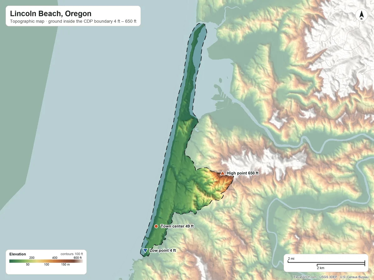 Topographic elevation map of Lincoln Beach, Oregon, shaded from 4 ft on the southwest side to 650 ft on the northeast side