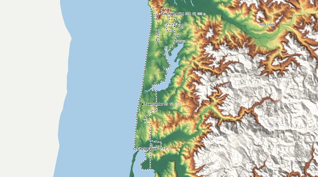 Topographic elevation map of Lincoln City, Oregon, shaded from 6 ft on the south side to 610 ft on the north side