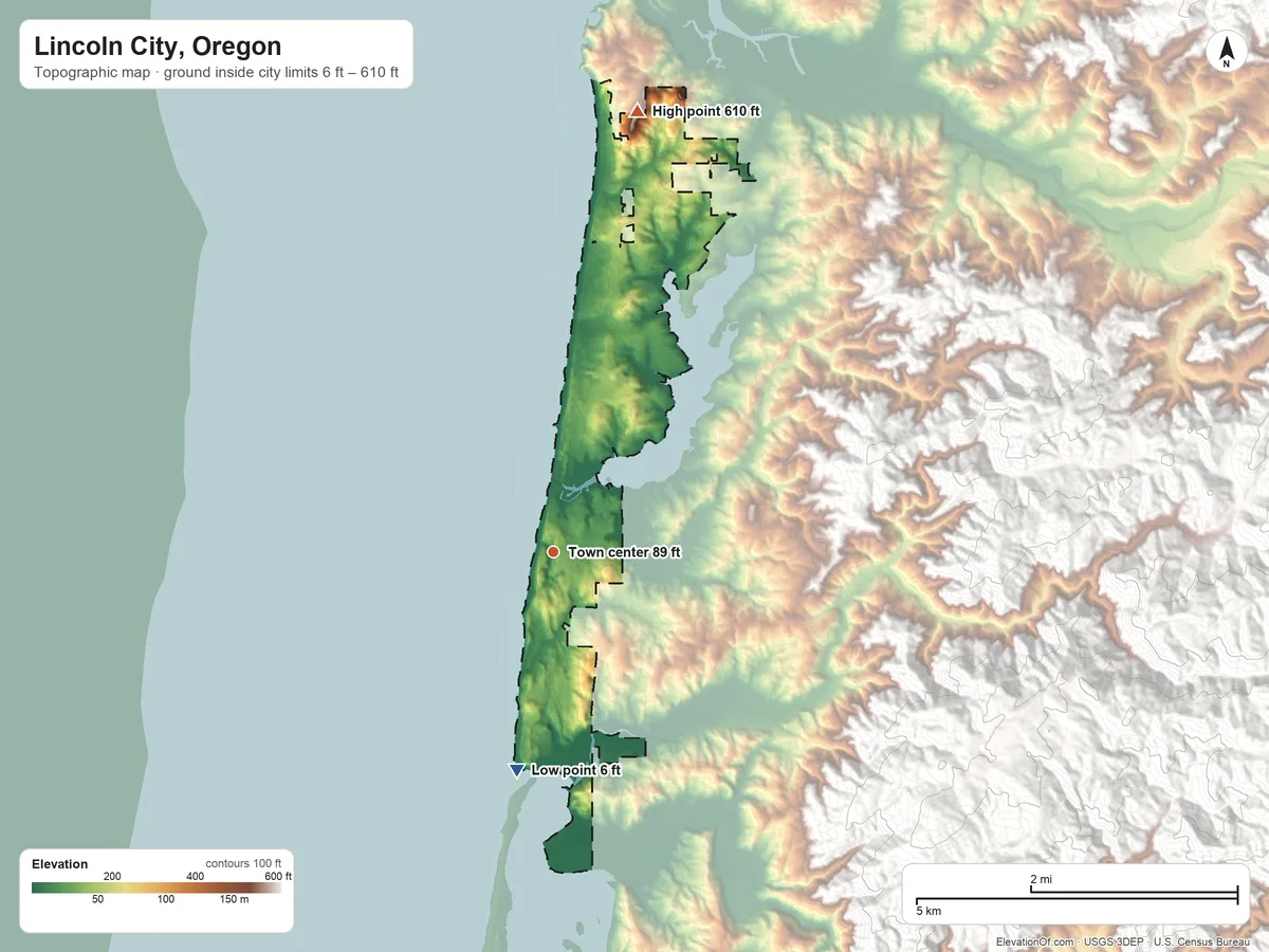 Topographic elevation map of Lincoln City, Oregon, shaded from 6 ft on the south side to 610 ft on the north side