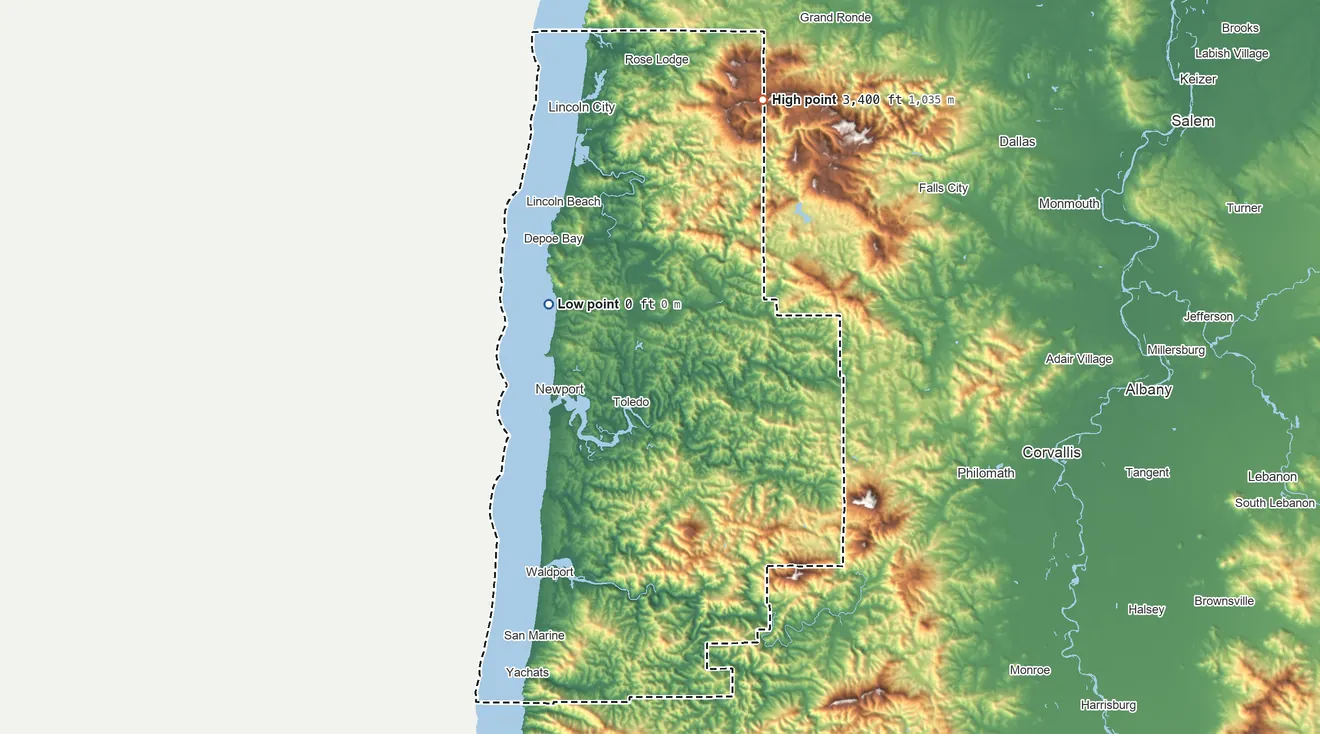 Topographic elevation map of Lincoln County, Oregon, shaded from sea level on the Pacific Ocean to 3,400 ft on the north side