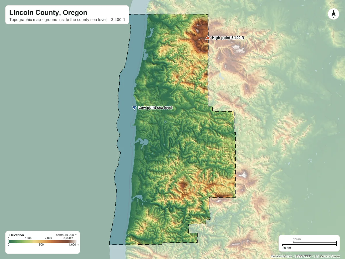 Topographic elevation map of Lincoln County, Oregon, shaded from sea level on the Pacific Ocean to 3,400 ft on the north side