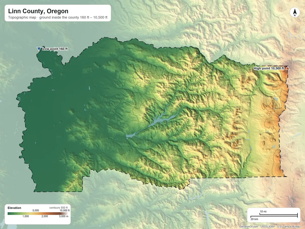 Topographic elevation map of Linn County, Oregon, shaded from 160 ft on the northwest side to 10,500 ft on Mount Jefferson