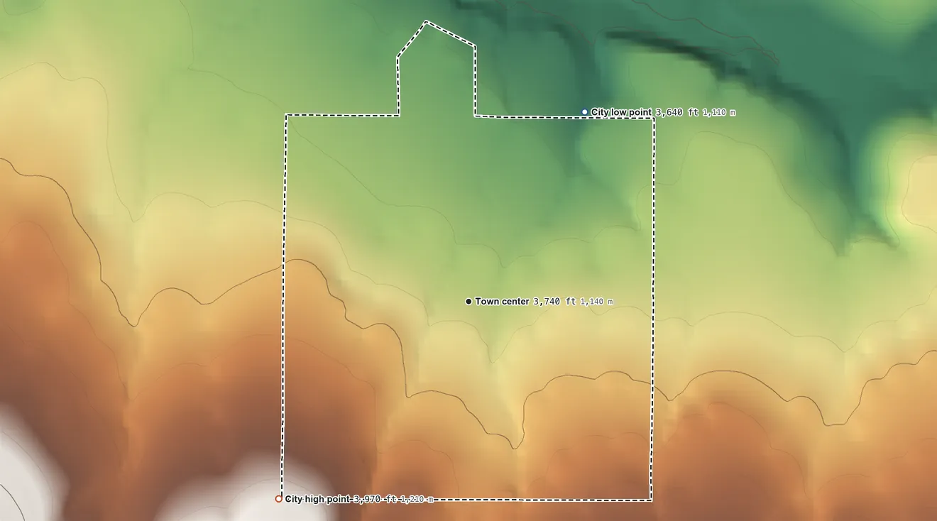 Topographic elevation map of Long Creek, Oregon, shaded from 3,640 ft on the northeast side to 3,970 ft on the southwest edge, below higher ground just outside