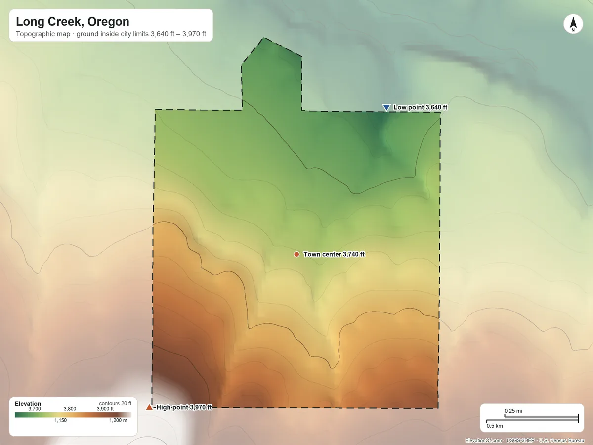 Topographic elevation map of Long Creek, Oregon, shaded from 3,640 ft on the northeast side to 3,970 ft on the southwest edge, below higher ground just outside