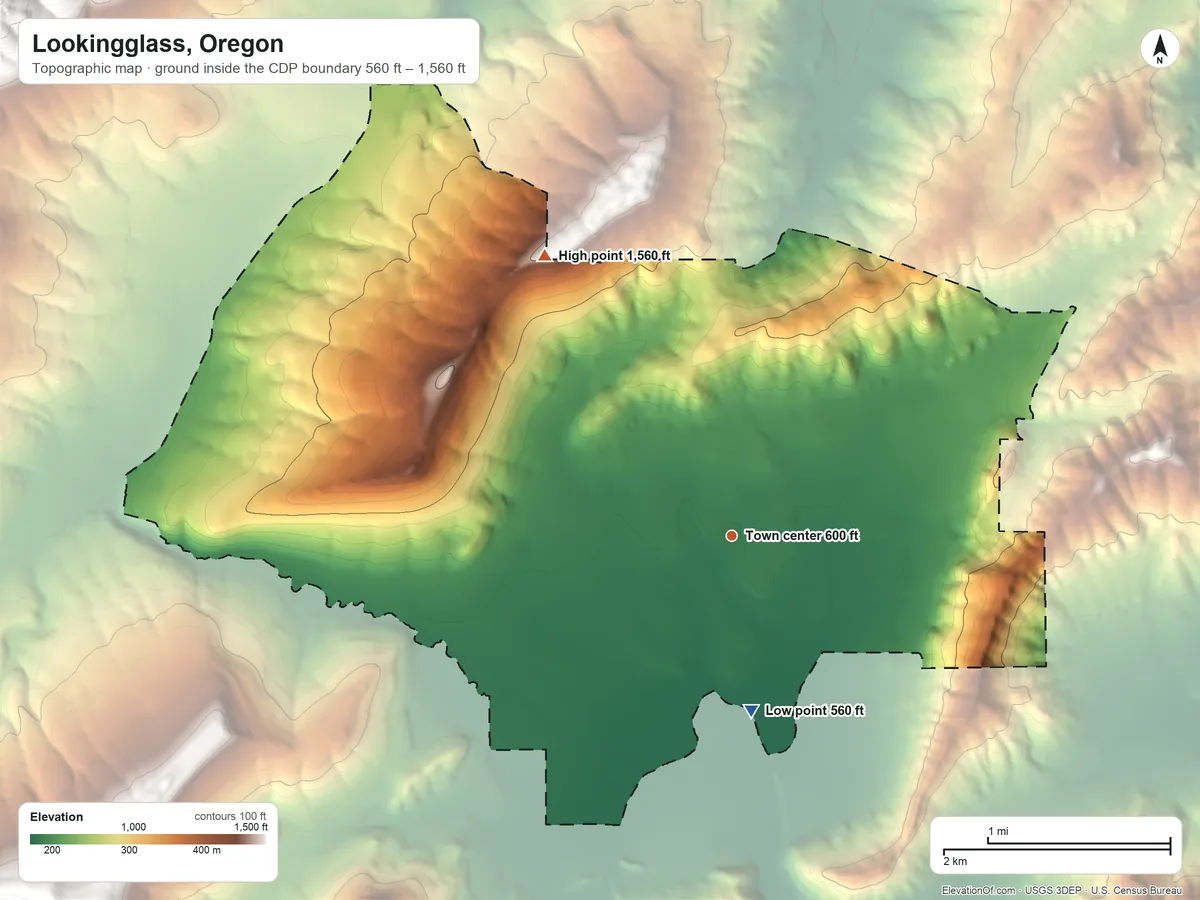 Topographic elevation map of Lookingglass, Oregon, shaded from 560 ft on the south side to 1,560 ft on the northwest side