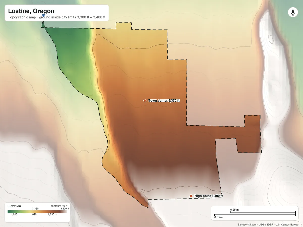 Topographic elevation map of Lostine, Oregon, shaded from 3,300 ft on the northwest side to 3,400 ft on the southeast edge, below higher ground just outside