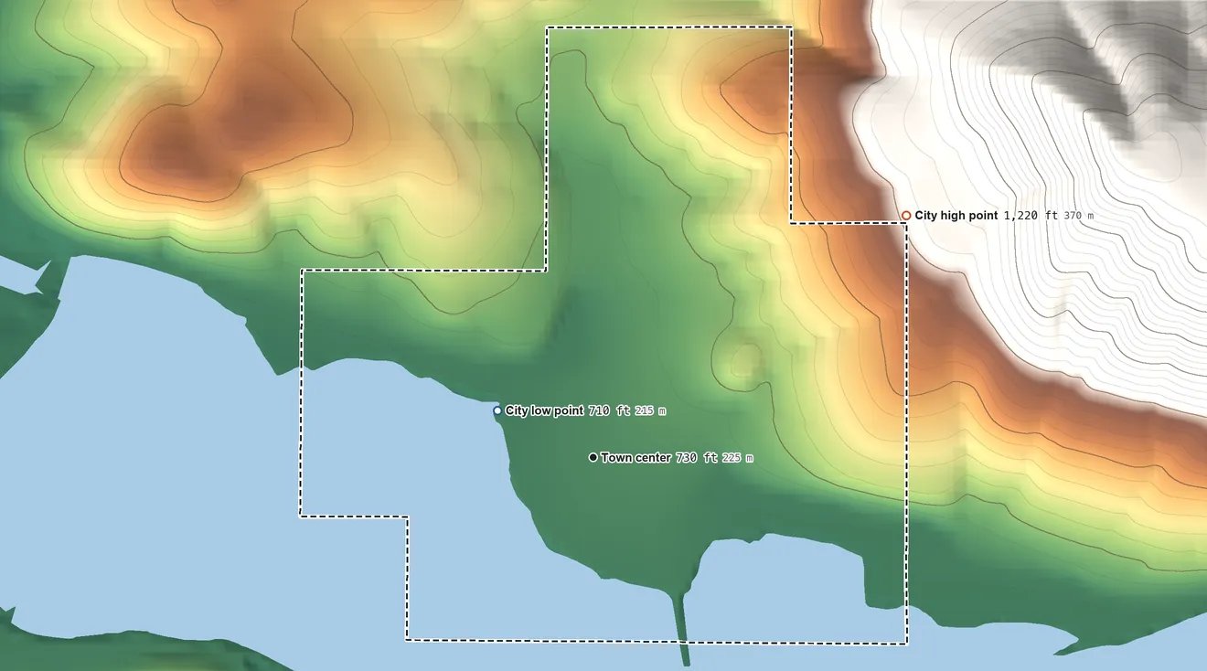 Topographic elevation map of Lowell, Oregon, shaded from 710 ft on the northwest side to 1,220 ft on the northeast edge, below higher ground just outside