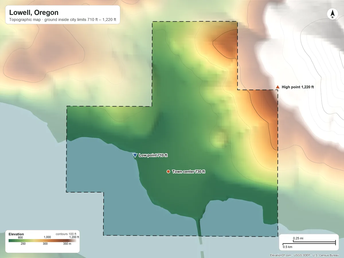 Topographic elevation map of Lowell, Oregon, shaded from 710 ft on the northwest side to 1,220 ft on the northeast edge, below higher ground just outside