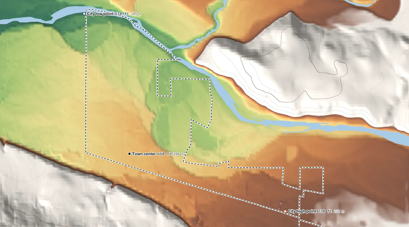 Topographic elevation map of Lyons, Oregon, shaded from 610 ft on the north side to 730 ft on the east edge, below higher ground just outside