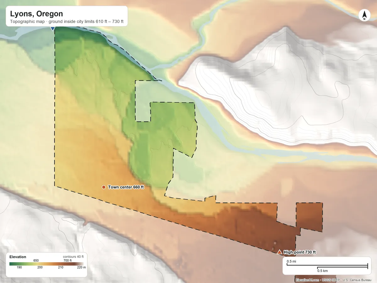Topographic elevation map of Lyons, Oregon, shaded from 610 ft on the north side to 730 ft on the east edge, below higher ground just outside