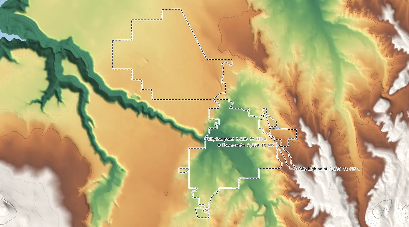Topographic elevation map of Madras, Oregon, shaded from 2,230 ft near the middle to 2,680 ft on the east side