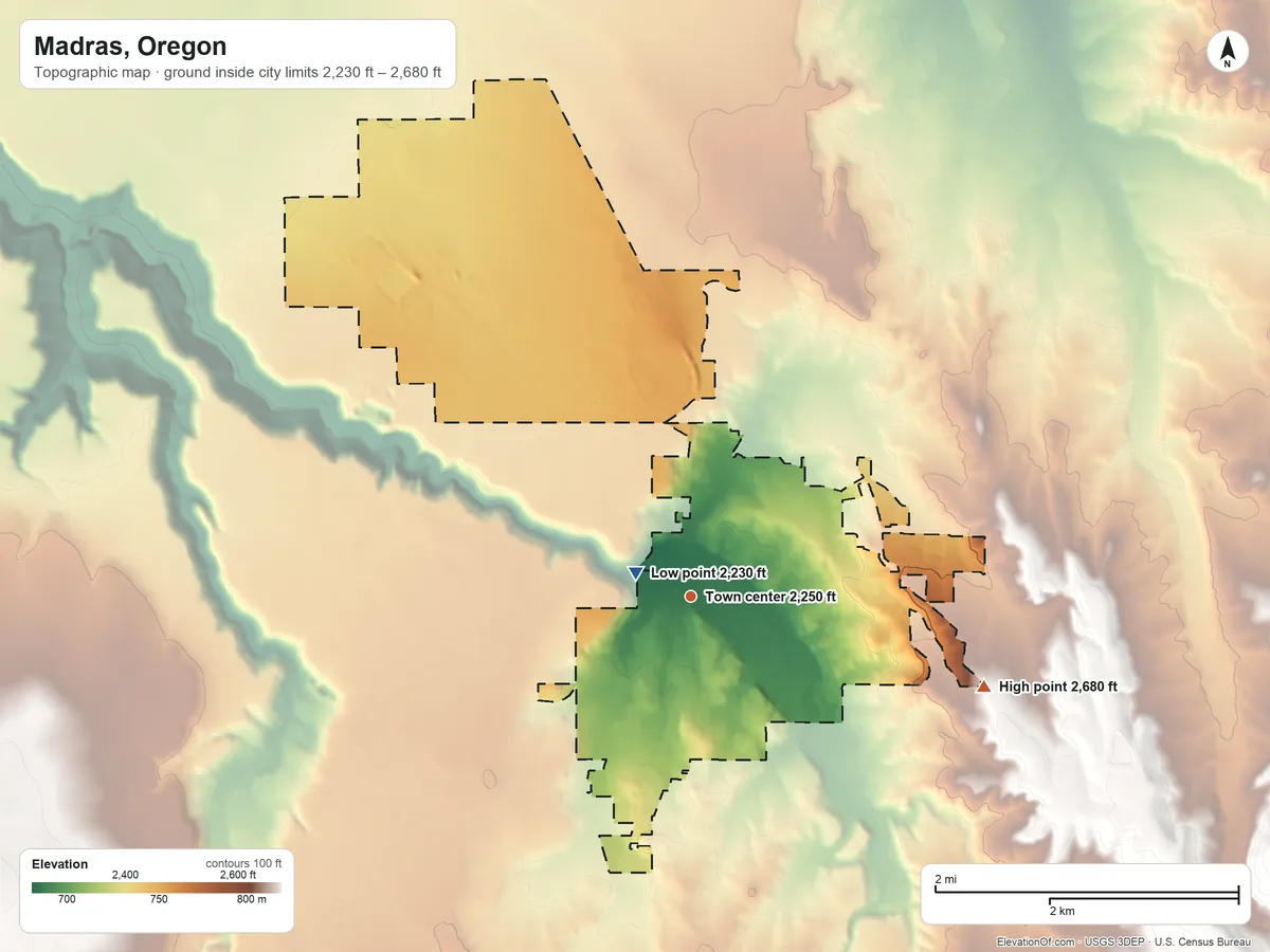 Topographic elevation map of Madras, Oregon, shaded from 2,230 ft near the middle to 2,680 ft on the east side