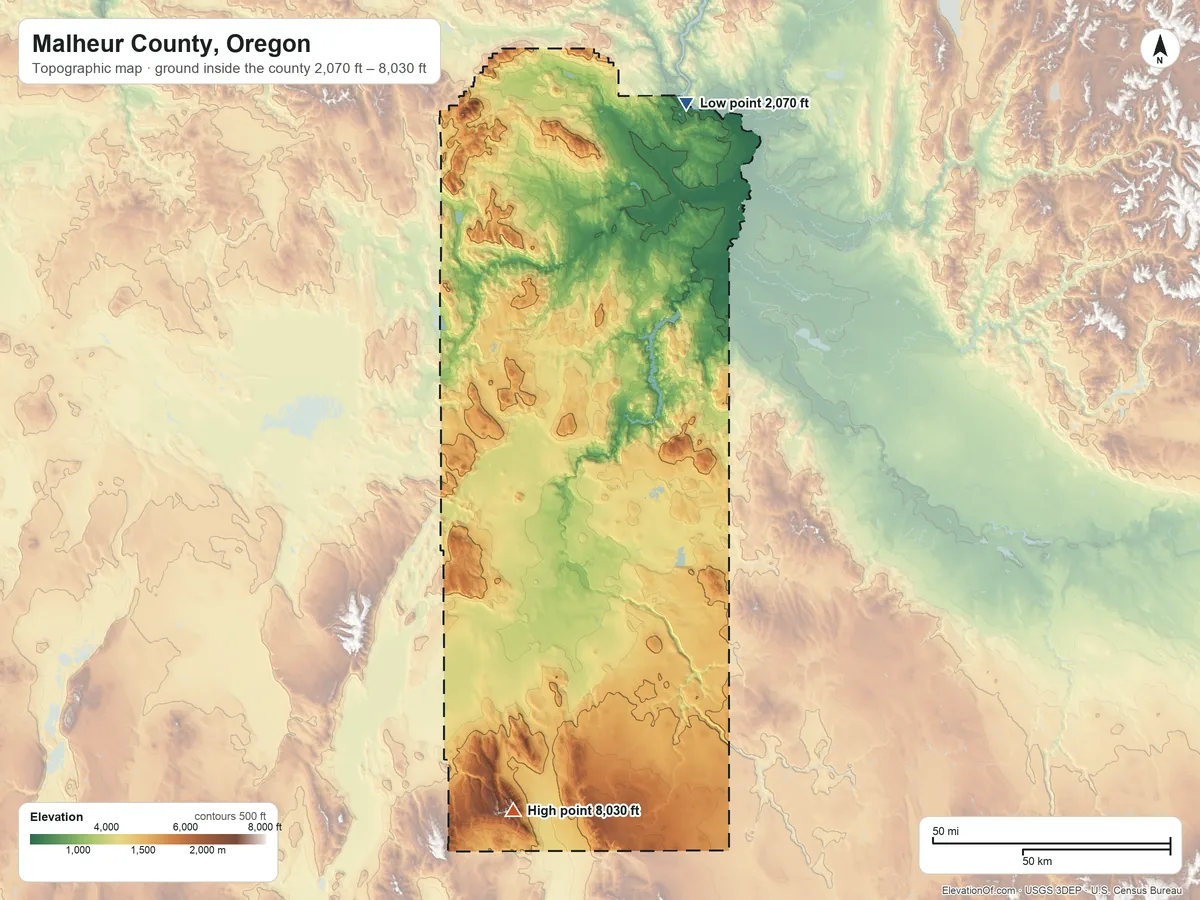 Topographic elevation map of Malheur County, Oregon, shaded from 2,070 ft on the north side to 8,030 ft on the south side