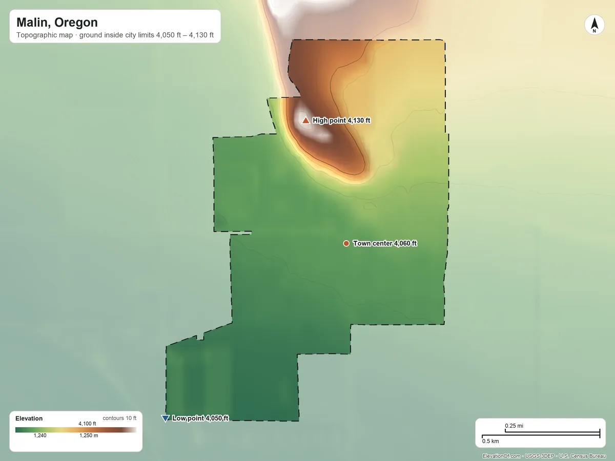 Topographic elevation map of Malin, Oregon, shaded from 4,050 ft on the southwest side to 4,130 ft on the north edge, below higher ground just outside