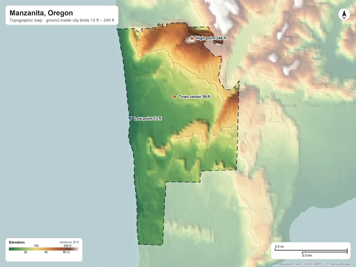 Topographic elevation map of Manzanita, Oregon, shaded from 13 ft on the southwest side to 240 ft on the north edge, below higher ground just outside
