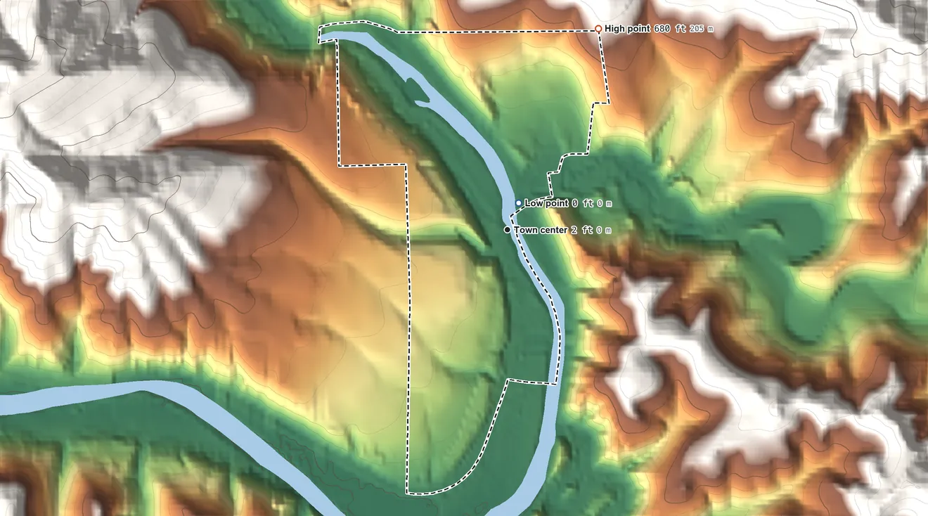 Topographic elevation map of Mapleton, Oregon, shaded from 0 ft near the middle to 680 ft on the northeast edge, below higher ground just outside