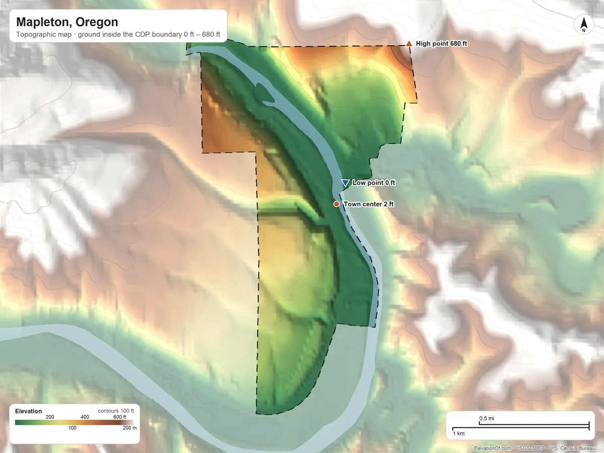 Topographic elevation map of Mapleton, Oregon, shaded from 0 ft near the middle to 680 ft on the northeast edge, below higher ground just outside