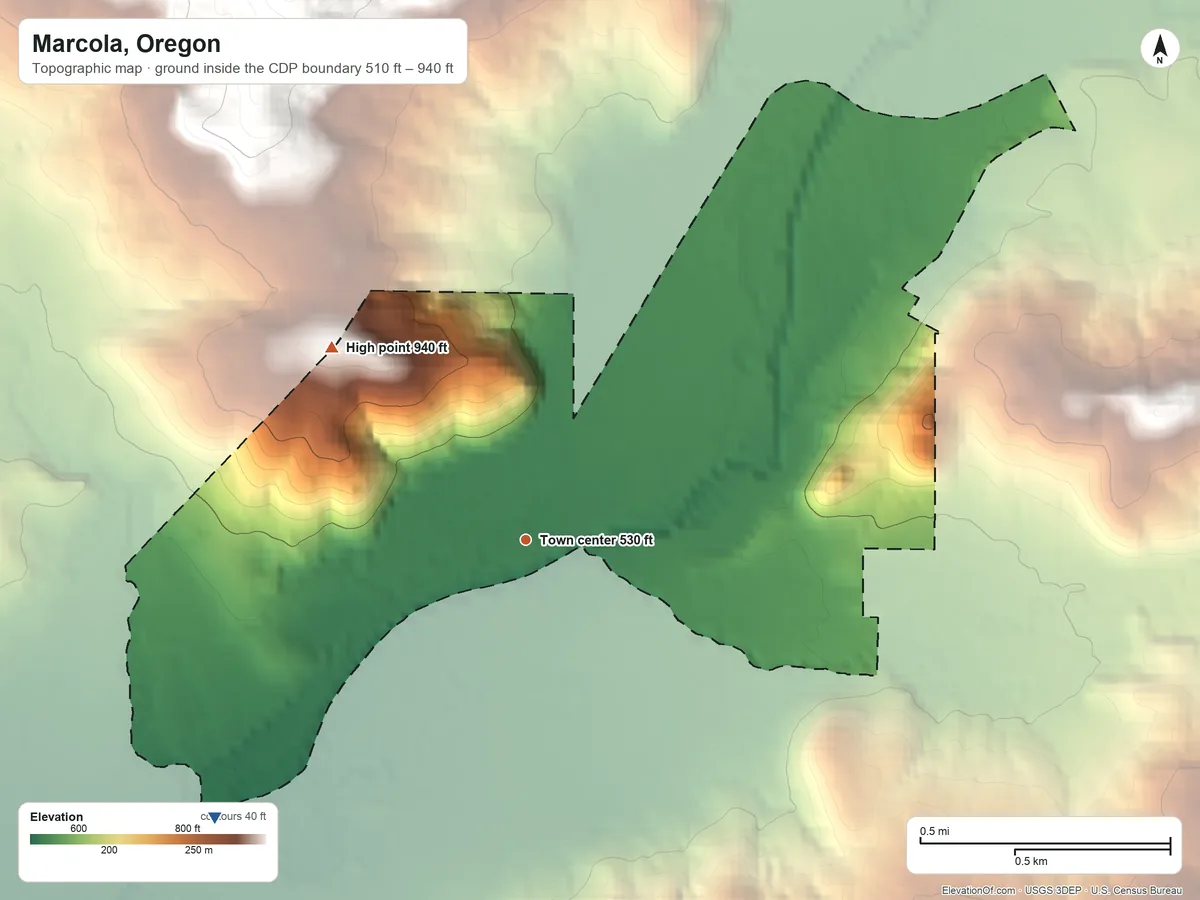 Topographic elevation map of Marcola, Oregon, shaded from 510 ft on the southwest side to 940 ft at the foot of the Coburg Hills