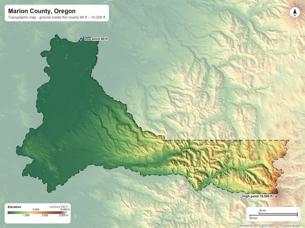 Topographic elevation map of Marion County, Oregon, shaded from 60 ft on the northwest side to 10,500 ft on Mount Jefferson