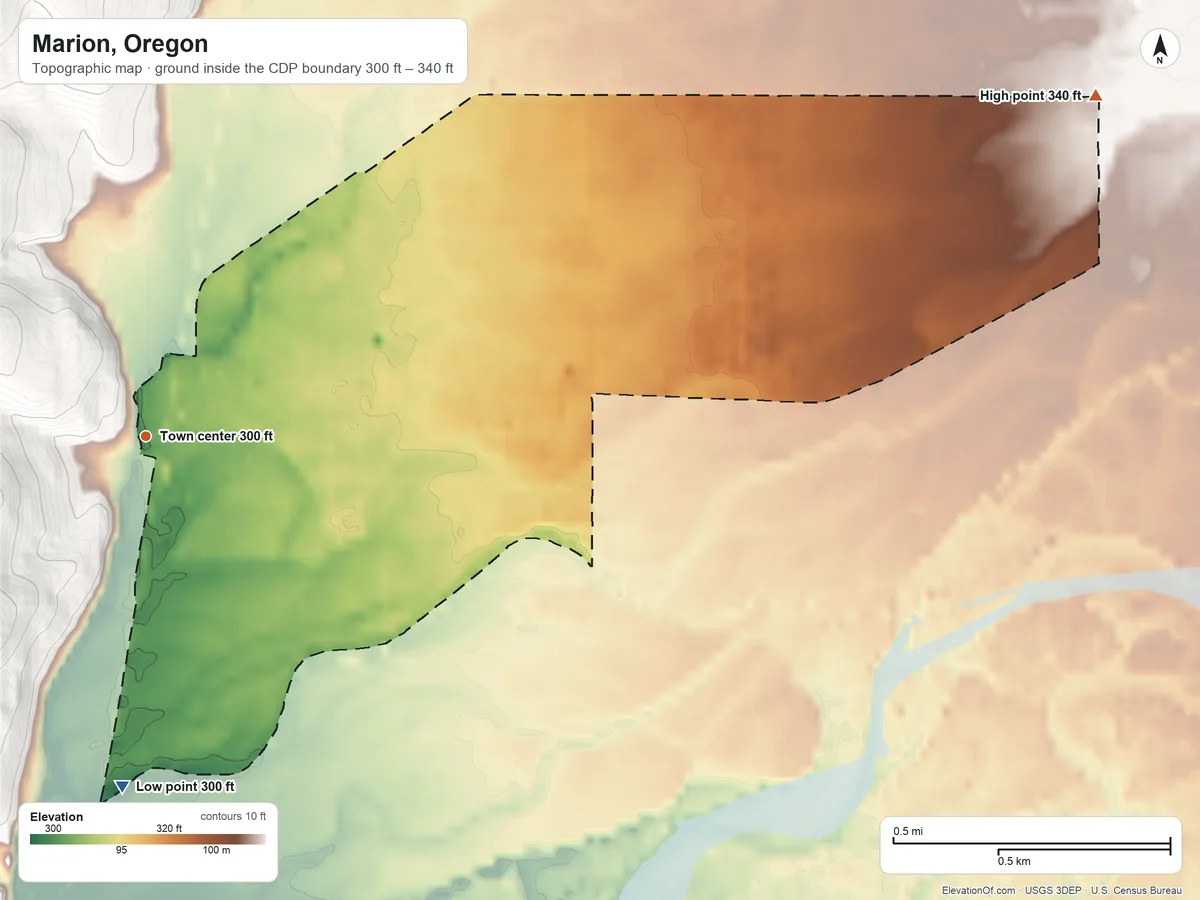 Topographic elevation map of Marion, Oregon, shaded from 300 ft on the south side to 340 ft on the east side