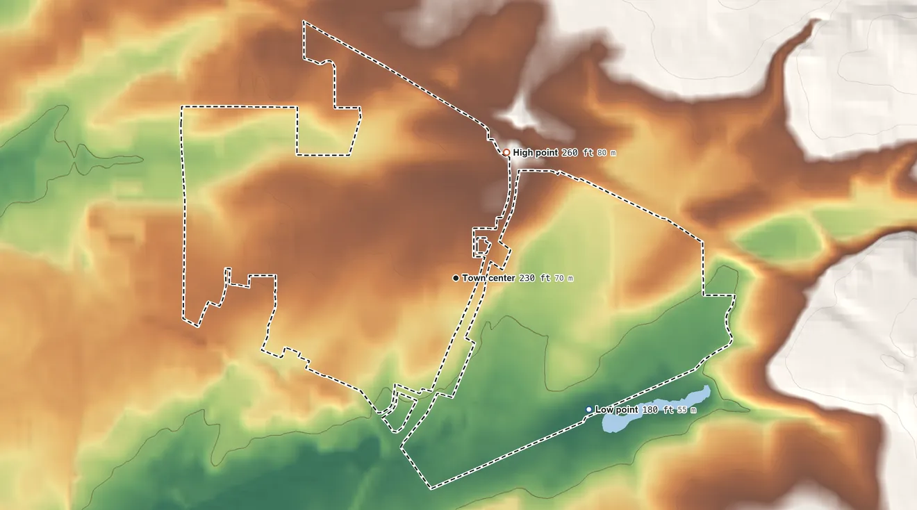 Topographic elevation map of Marlene Village, Oregon, shaded from 180 ft on the southeast side to 260 ft at the foot of the Tualatin Mountains
