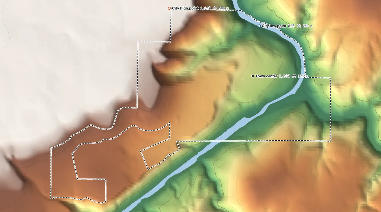 Topographic elevation map of Maupin, Oregon, shaded from 820 ft on the north side to 1,640 ft on the northwest side
