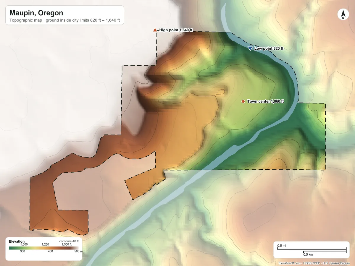 Topographic elevation map of Maupin, Oregon, shaded from 820 ft on the north side to 1,640 ft on the northwest side