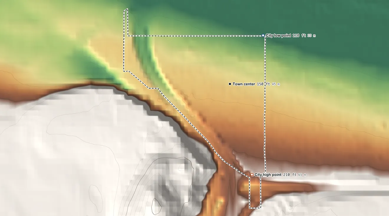 Topographic elevation map of Maywood Park, Oregon, shaded from 110 ft on the northeast side to 210 ft on the south edge, below higher ground just outside