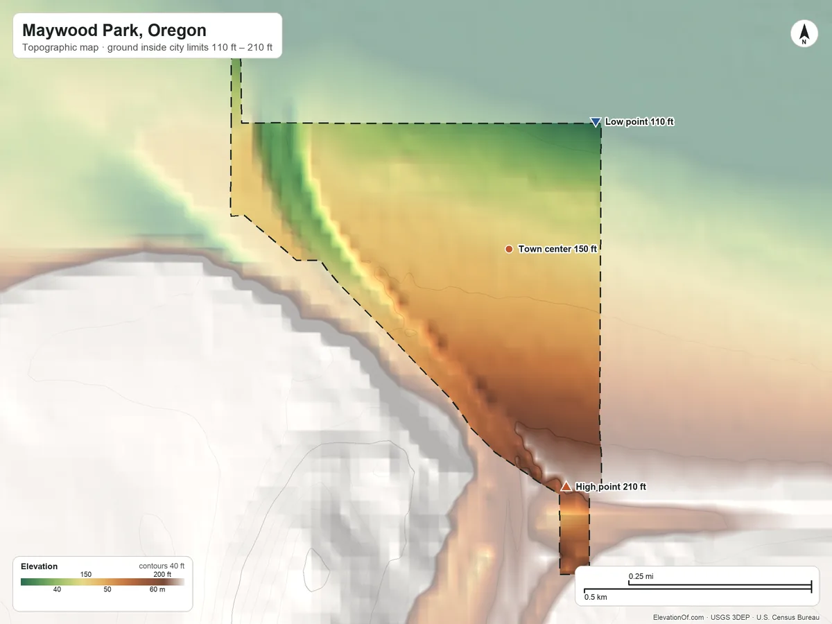 Topographic elevation map of Maywood Park, Oregon, shaded from 110 ft on the northeast side to 210 ft on the south edge, below higher ground just outside